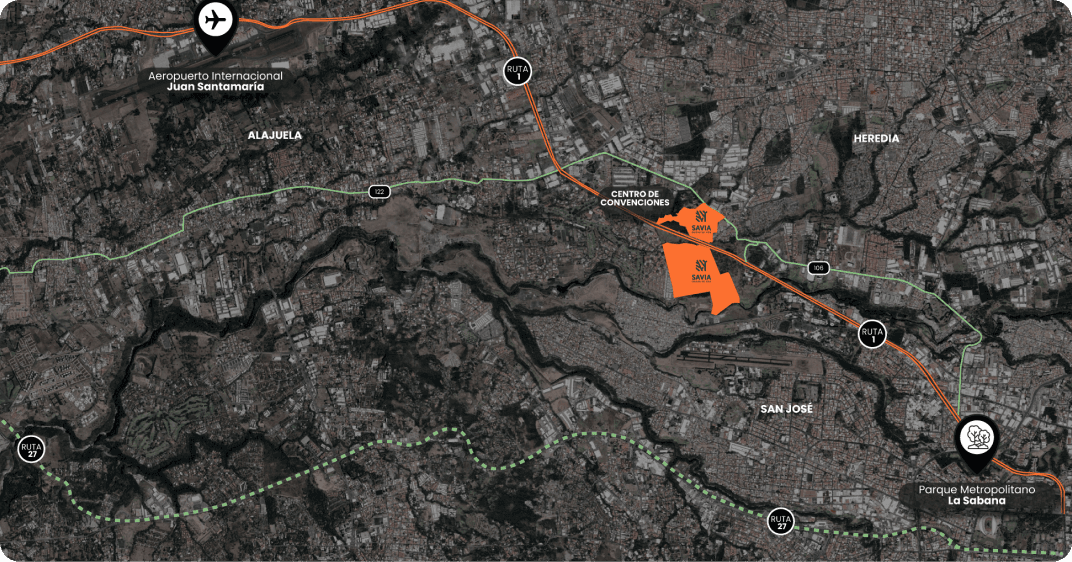 Mapa de ubicación y masterplan de Savia en Barreal, Heredia, Costa Rica